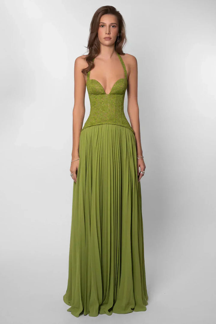 Alice | Maxi Halter Neck Dress with Corset Bodice and Pleated Skirt