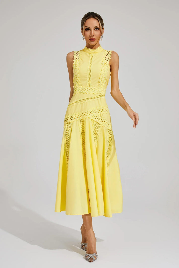 Olivia | Midi Wedding Guest Dress with High Neck and Cutwork Detail