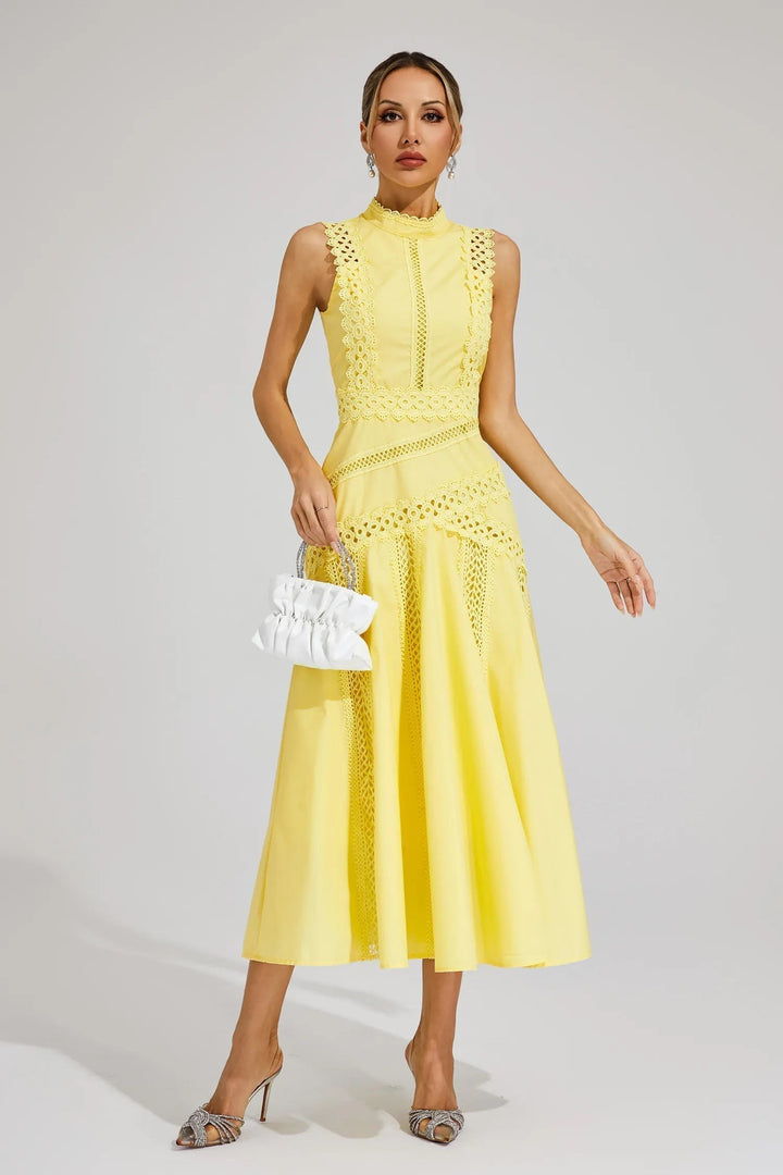 Caroline | Midi Wedding Guest Dress with Embroidered Detail and Mock Neck