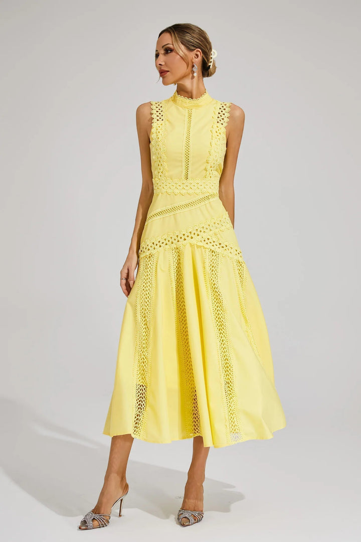 Olivia | Midi Wedding Guest Dress with High Neck and Cutwork Detail