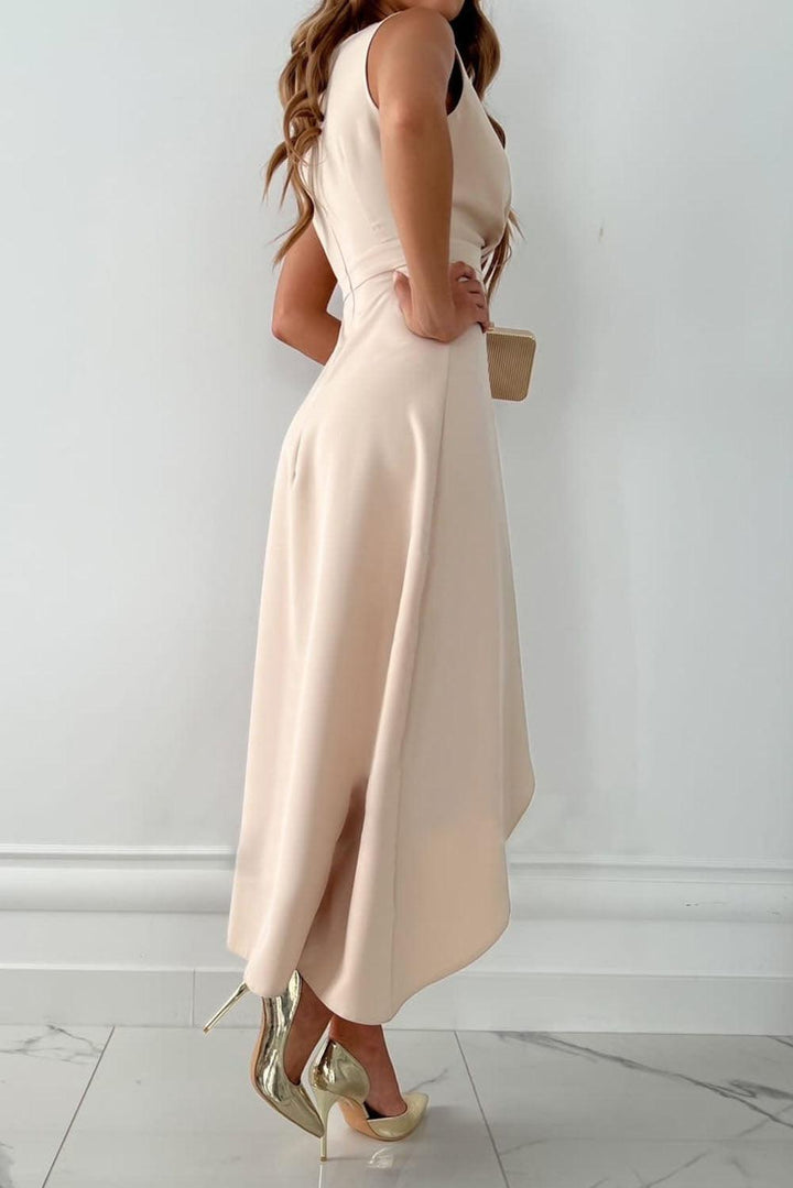 Hailey | Midi Wedding Guest Dress with V-Neck and Asymmetric Hem