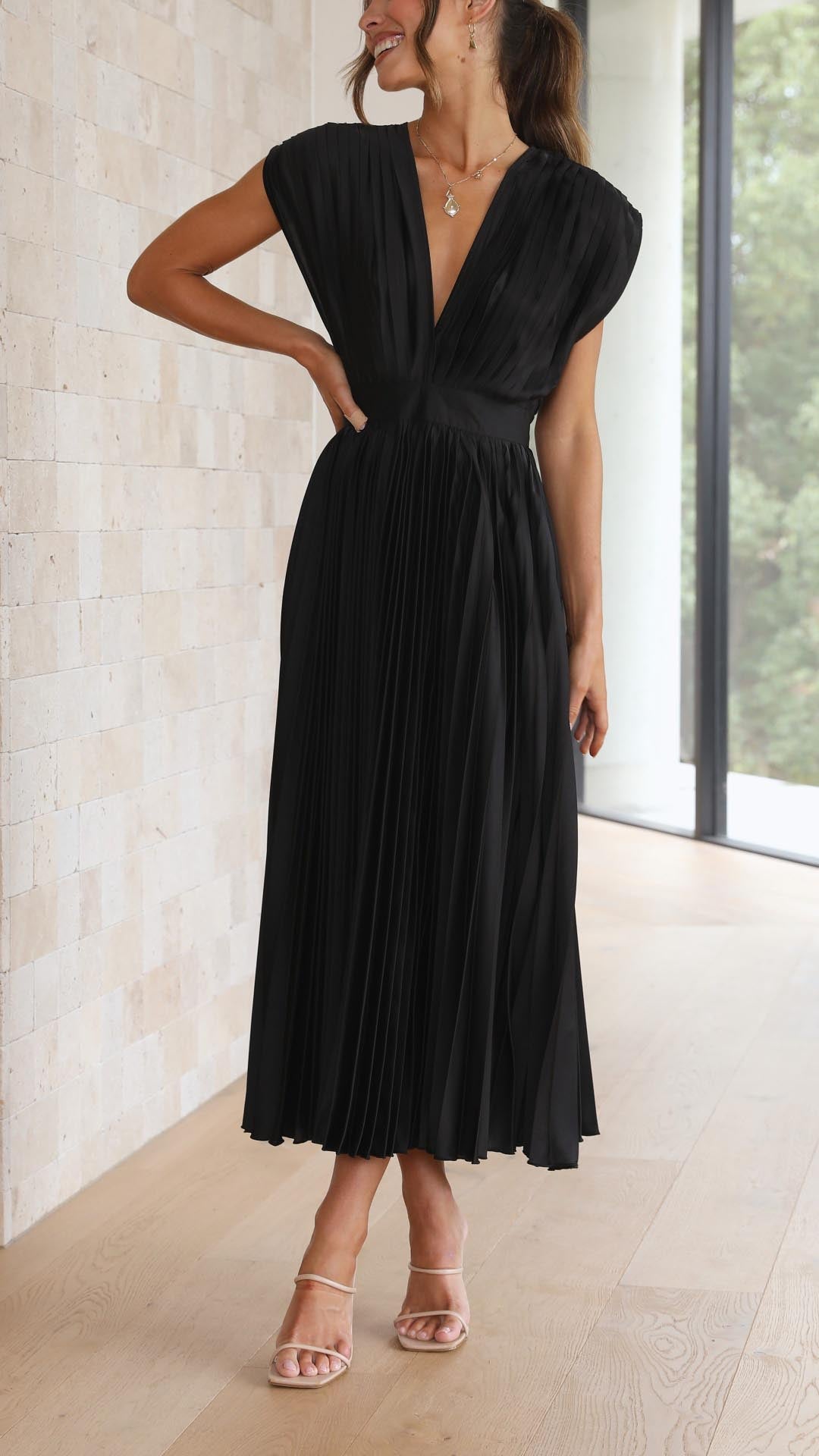 Faith | Midi Wedding Guest Dress with V-Neck and Pleated Skirt