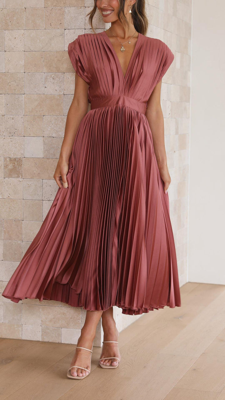 Faith | Midi Wedding Guest Dress with V-Neck and Pleated Skirt