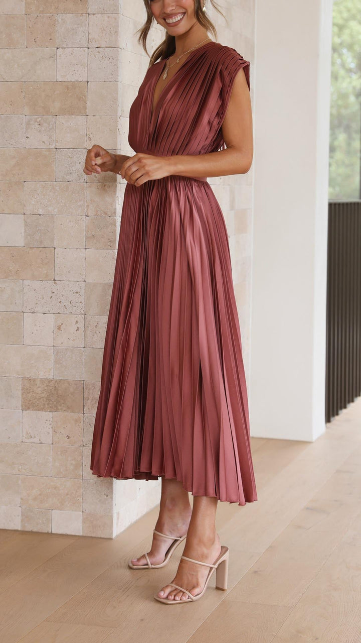 Faith | Midi Wedding Guest Dress with V-Neck and Pleated Skirt