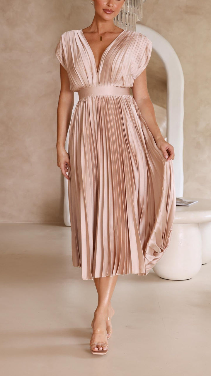 Faith | Midi Wedding Guest Dress with V-Neck and Pleated Skirt