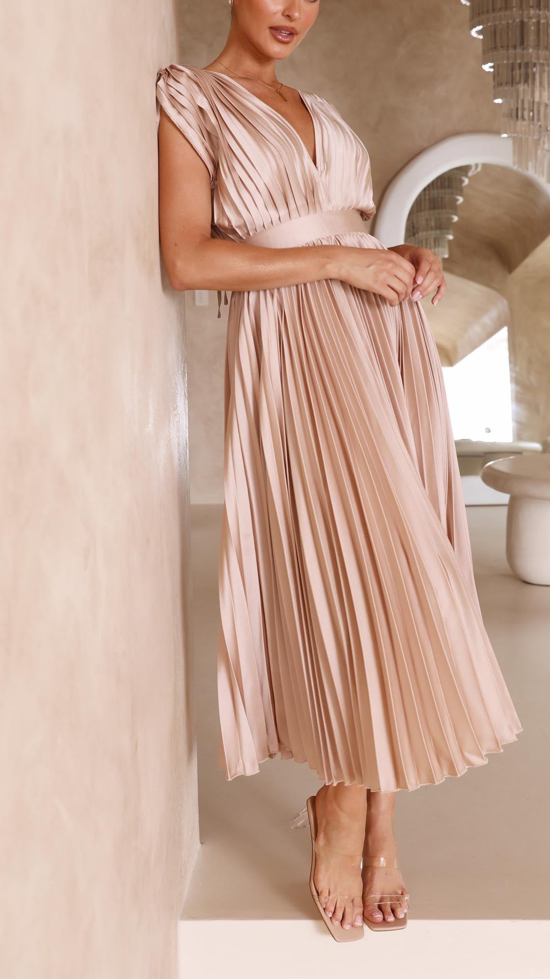 Faith | Midi Wedding Guest Dress with V-Neck and Pleated Skirt