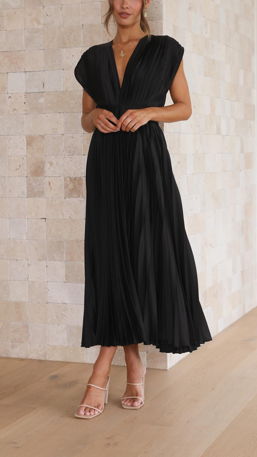 Faith | Midi Wedding Guest Dress with V-Neck and Pleated Skirt